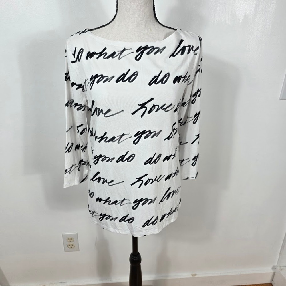 Ann Taylor Factory Womens Long Sleeve Graphic T Shirt White Black Script Size S